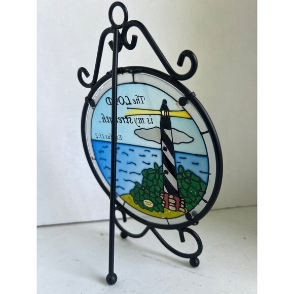 Vtg Enameled Glass Lighthouse Plaque + Stand The Lord is my Strength Ex 15:2 - Picture 2 of 4
